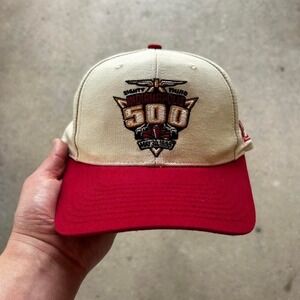 Vintage 1999 Logo athletic Indianapolis 500 tan and burgundy strap back Hat cap